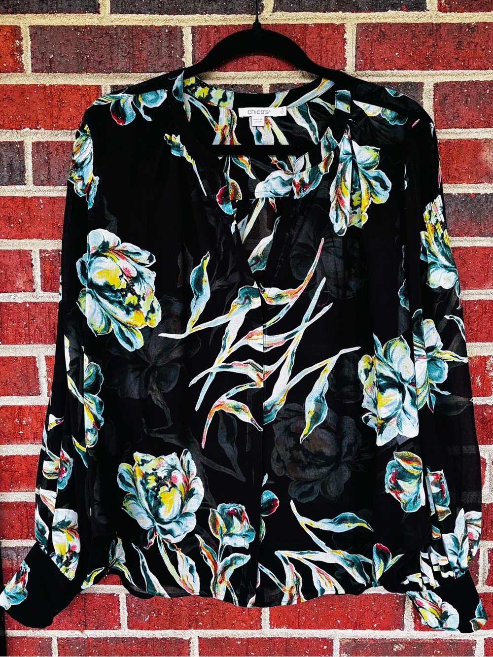 Chico's Black Floral Sheer Blouse V Neck Long Sleeve Top Size 3 XL 16 Tropical